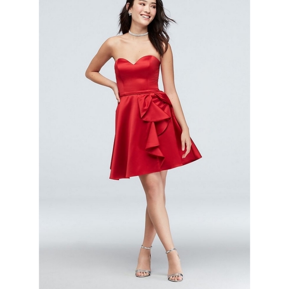 Blondie Nights Bow Ruffle Strapless Satin Fit-and-Flare Dress - Red - Picture 1 of 16